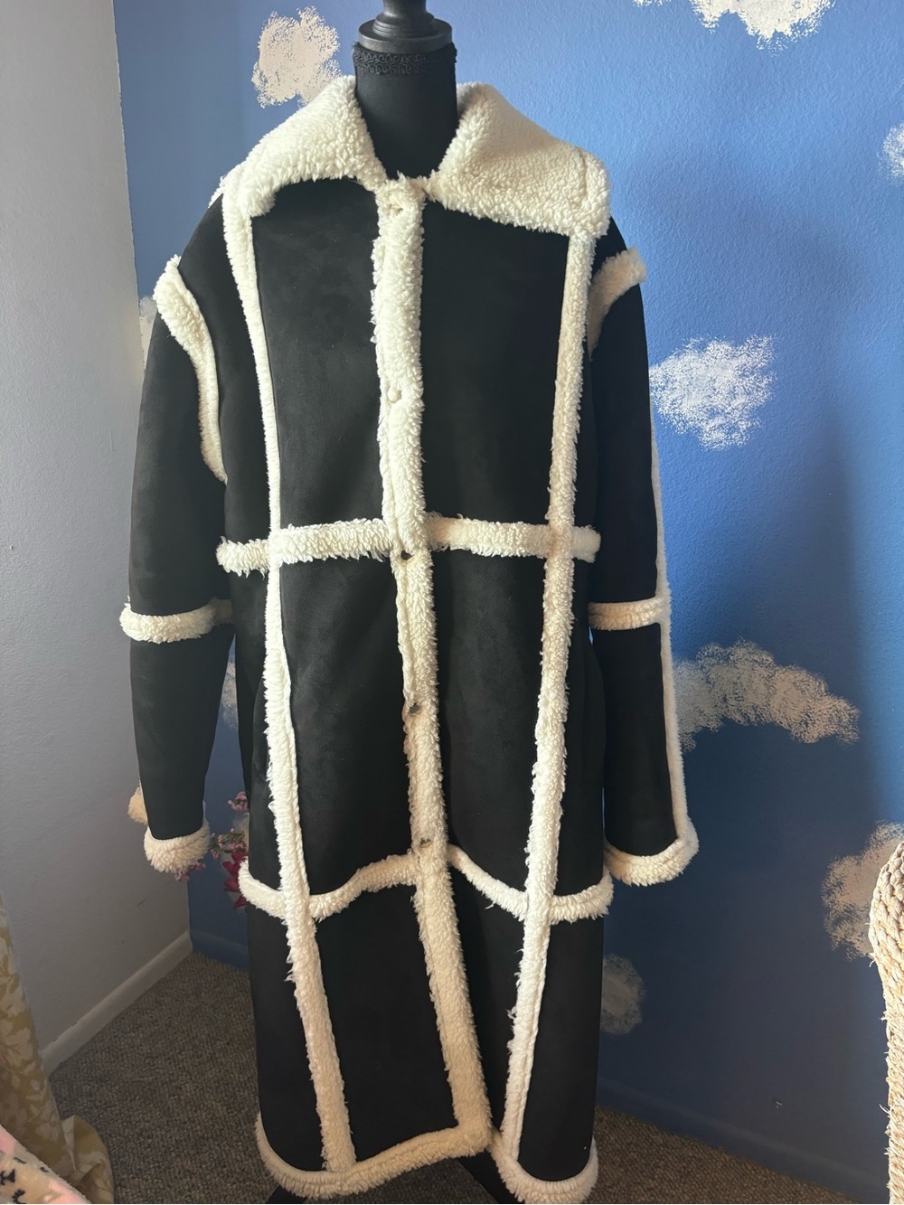 PrettyLittleThing Black Faux Suede Coat with Cream Shearling Trim, Size 12, NWOT